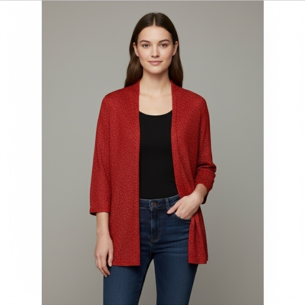 Rafaella Red Silver Metallic Open Front LongLine Cardigan Sweater Plus Size 3X